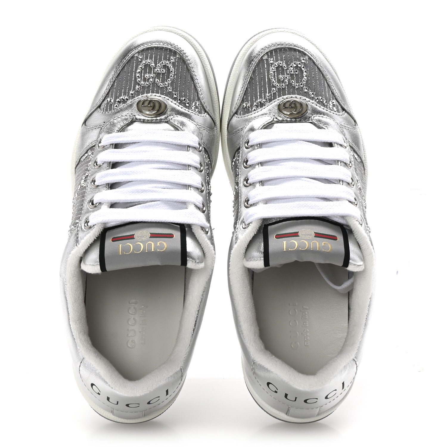 Gucci Metallic Nappa Silk Crystals Womens Screener Sneakers 36.5 Silver Light Grey 2 of 11