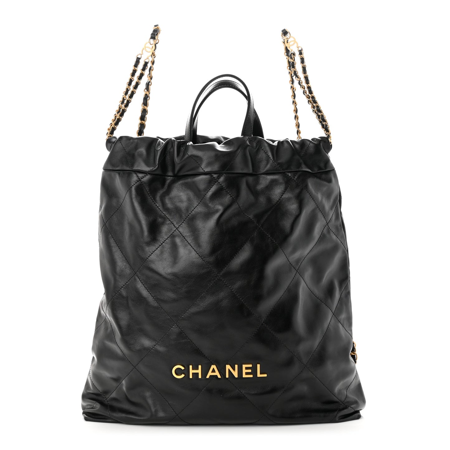 Shiny Calfskin Quilted Chanel 22 Backpack Black