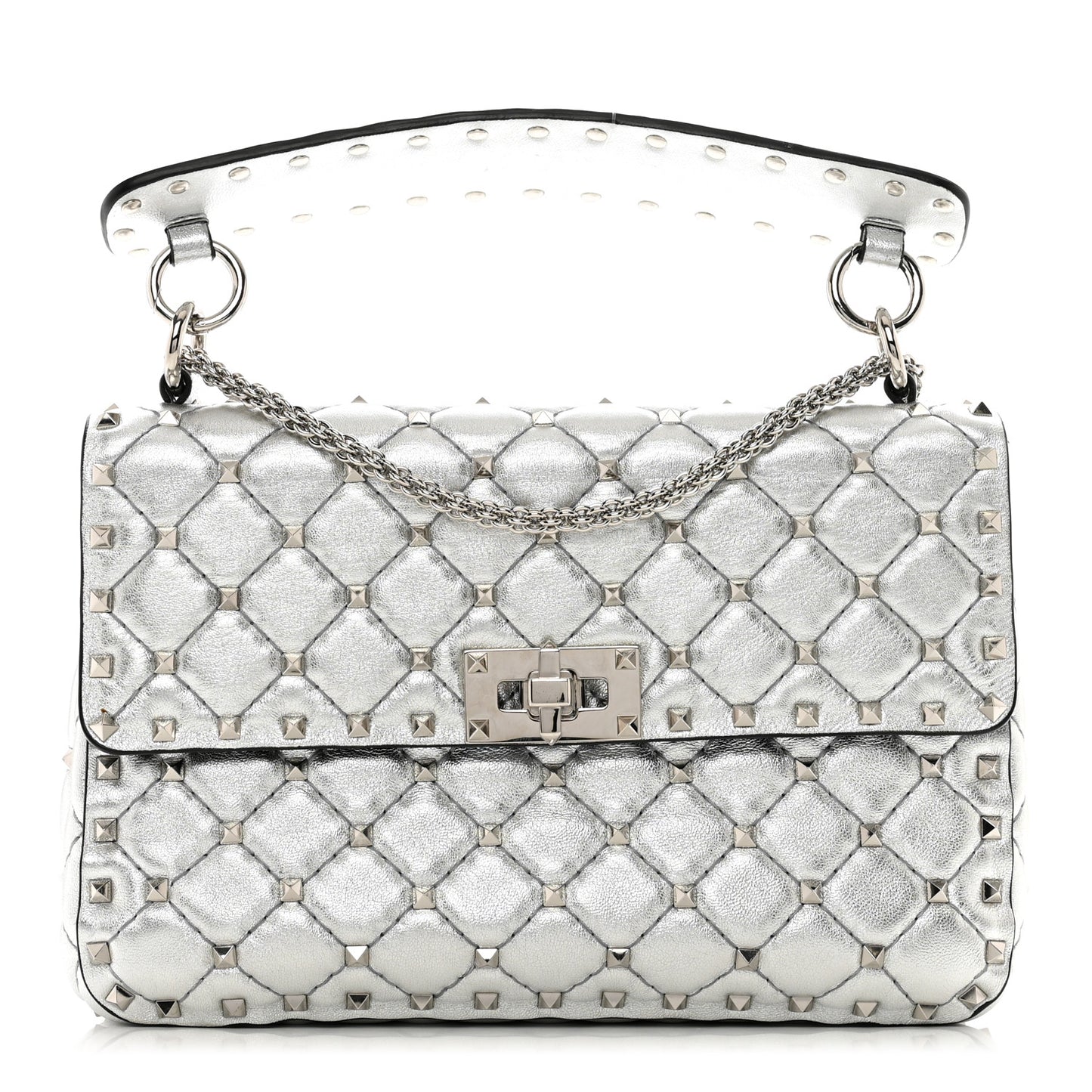 Metallic Nappa Medium Rockstud Spike Shoulder Bag Silver