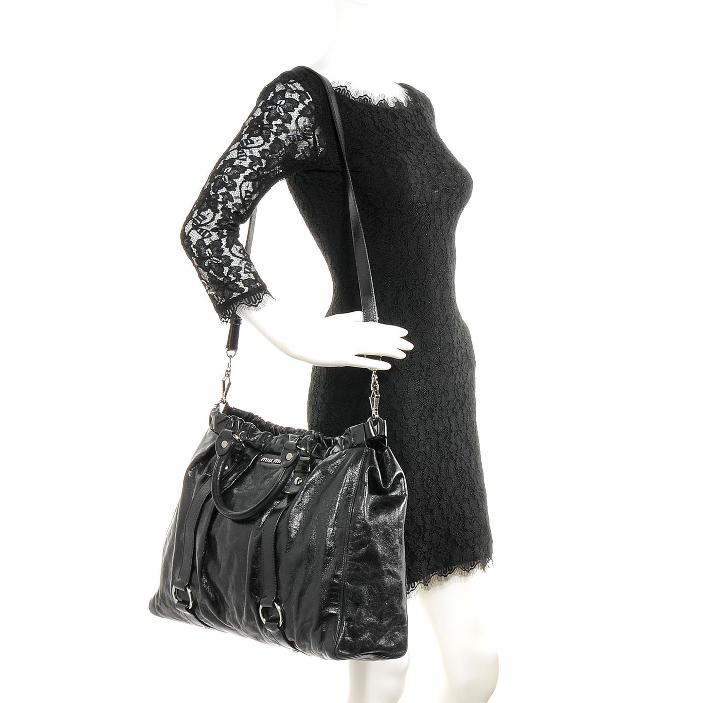 Leather Vitello Lux Gathered Tote Black