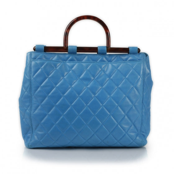 Quilted Lambskin Tortoise Handle Tote Turquoise