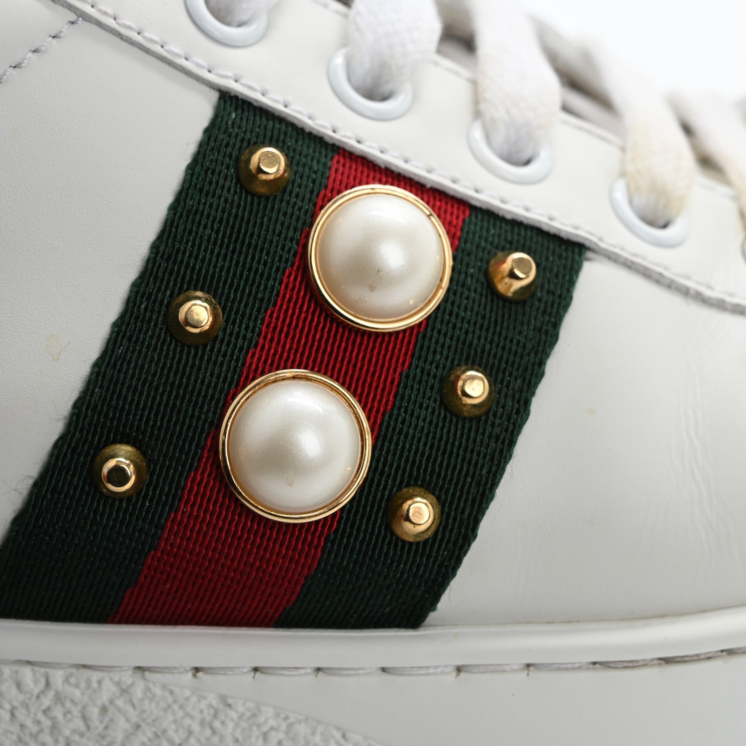 Gucci Calfskin Web Pearl Studded Womens Ace Sneakers 37 White 21 of 22