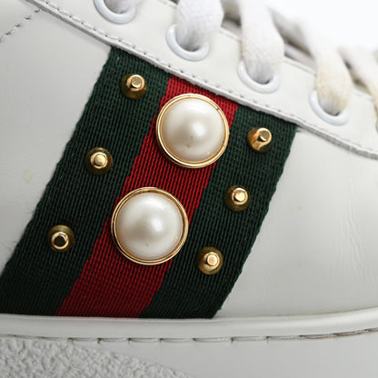 Gucci Calfskin Web Pearl Studded Womens Ace Sneakers 37 White 21 of 22