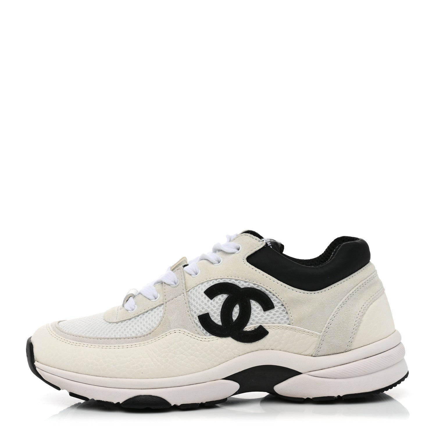 Chanel Mesh Suede Calfskin Grained Calfskin Womens CC Sneakers 38.5 White Black 1 of 9