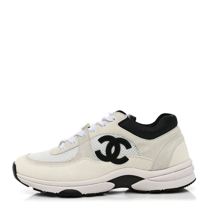 Chanel Mesh Suede Calfskin Grained Calfskin Womens CC Sneakers 38.5 White Black 1 of 9