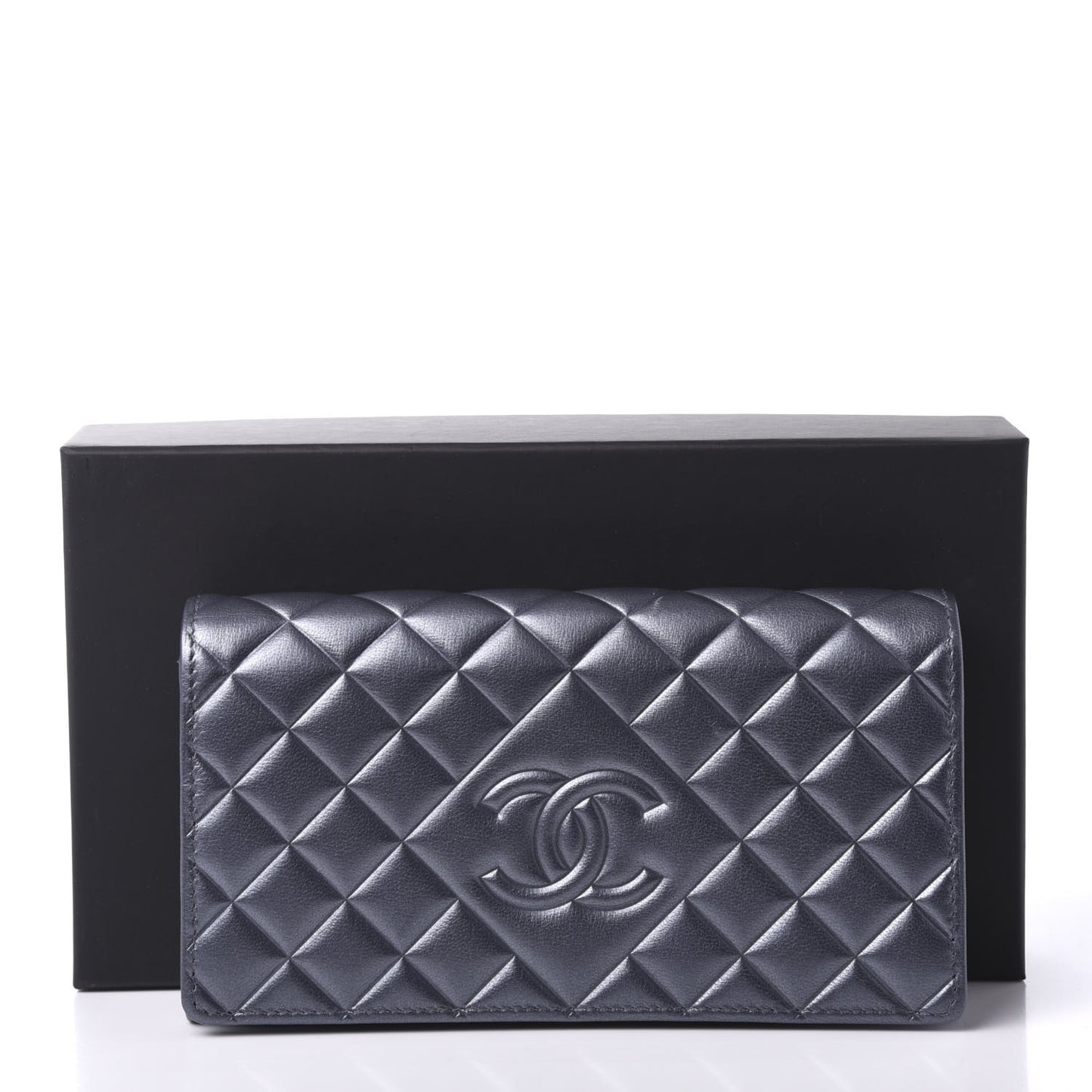Calfskin Quilted Large Diamond CC Flap Wallet Dark Silver