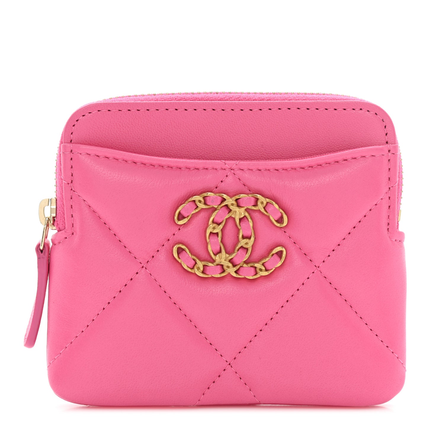 Lambskin Quilted Chanel 19 Zip Card Holder Wallet Pink