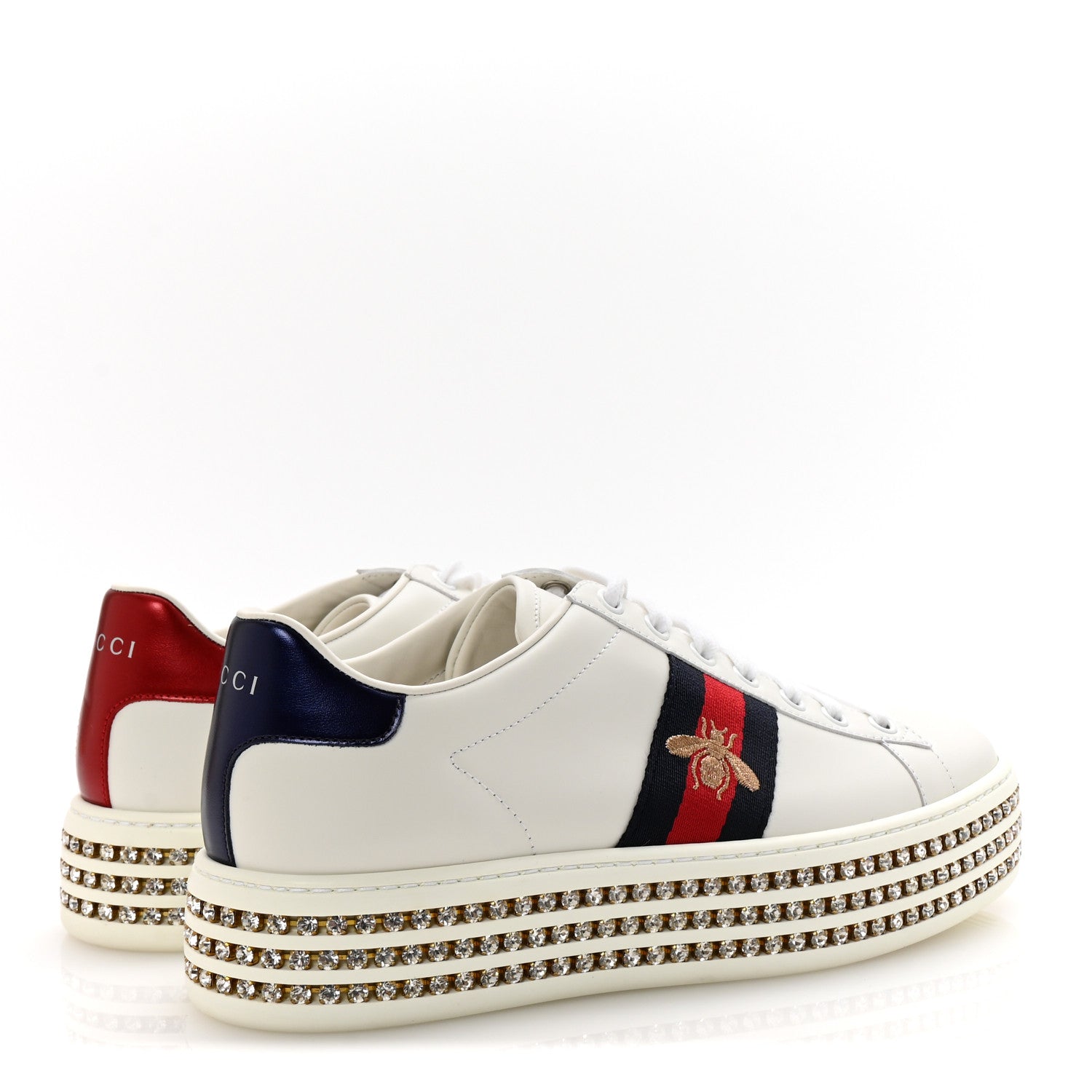 Gucci Calfskin Crystal Web Bee Embroidered Womens Ace Platform Sneakers 37.5 White 5 of 9