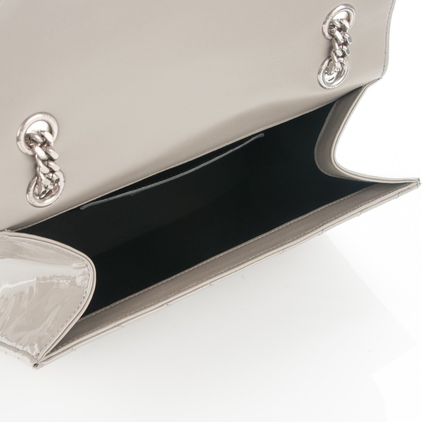 Patent Matelasse Chevron Small Monogram Chain Shoulder Bag Light Grey