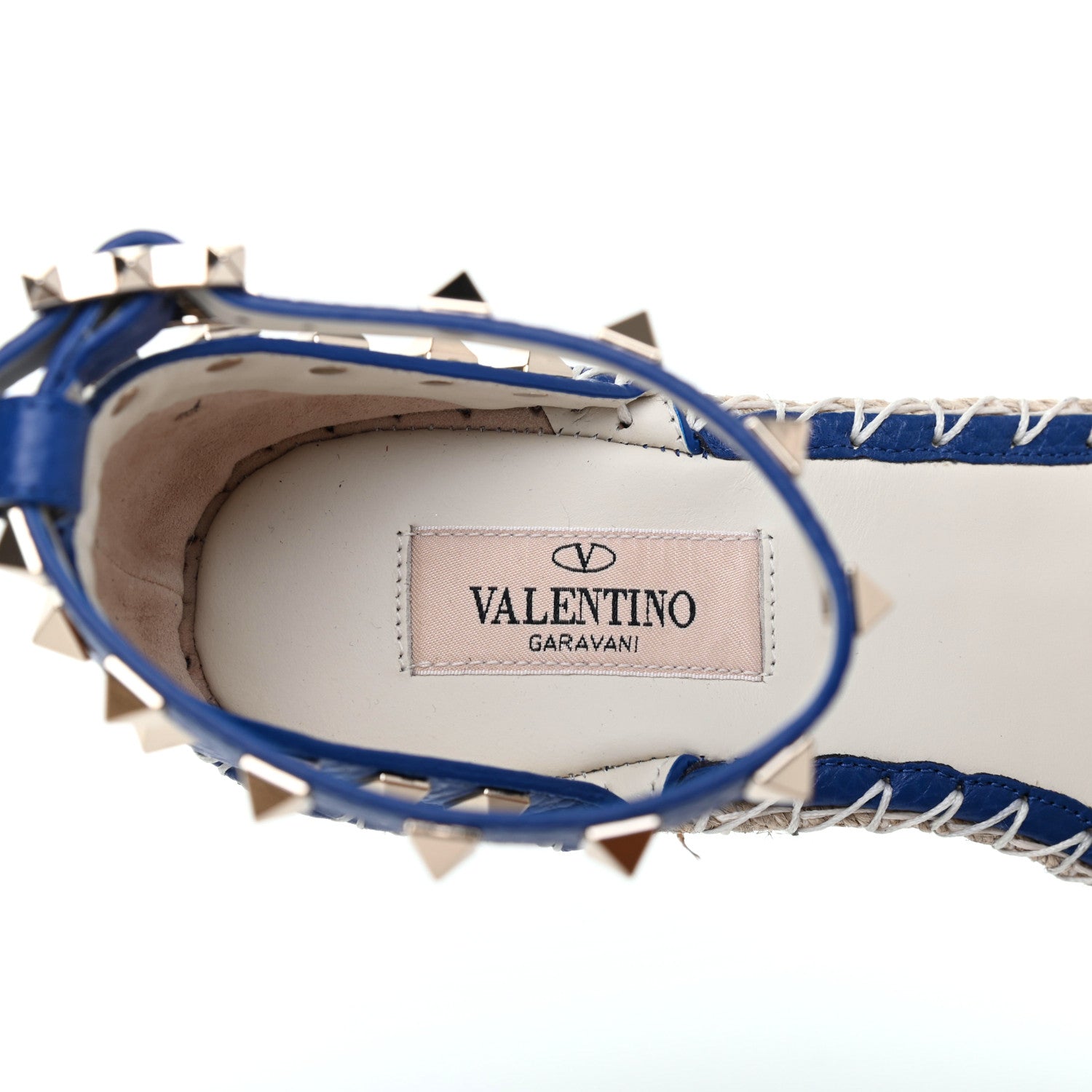 Valentino Garavani Grained Calfskin Rockstud Ankle Strap Espadrille 15/105mm Wedge Sandals 36 Blu Delft Natural 7 of 12