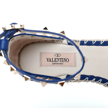Valentino Garavani Grained Calfskin Rockstud Ankle Strap Espadrille 15/105mm Wedge Sandals 36 Blu Delft Natural 7 of 12