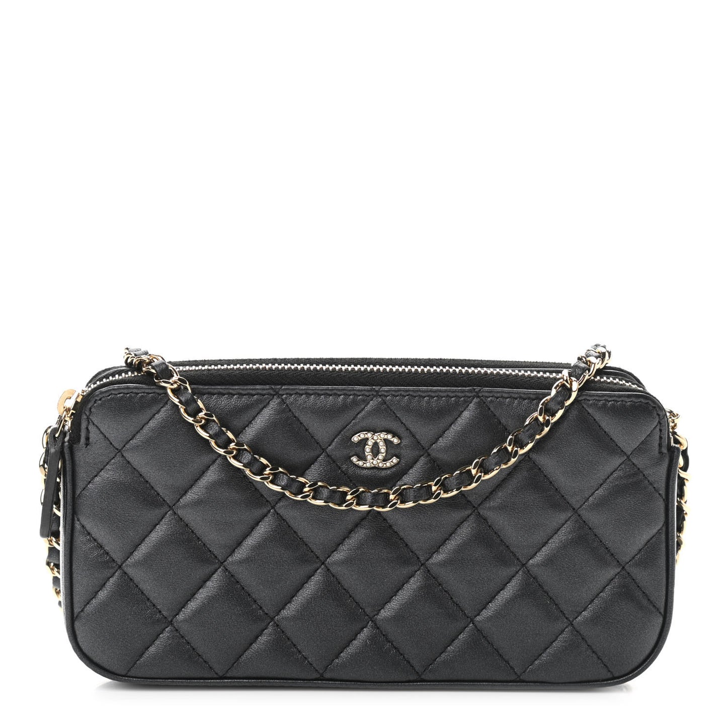 Iridescent Lambskin Quilted Pearl Clutch With Chain Black