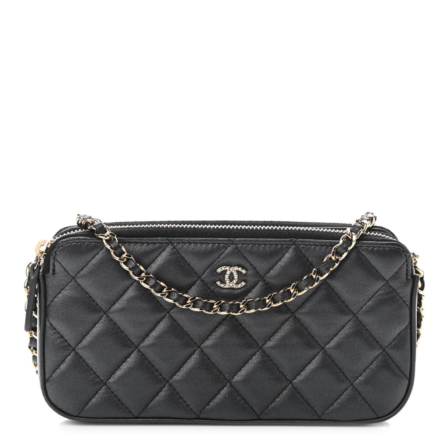 Chanel Iridescent Lambskin Quilted Pearl Clutch With Chain Black 1 of 16