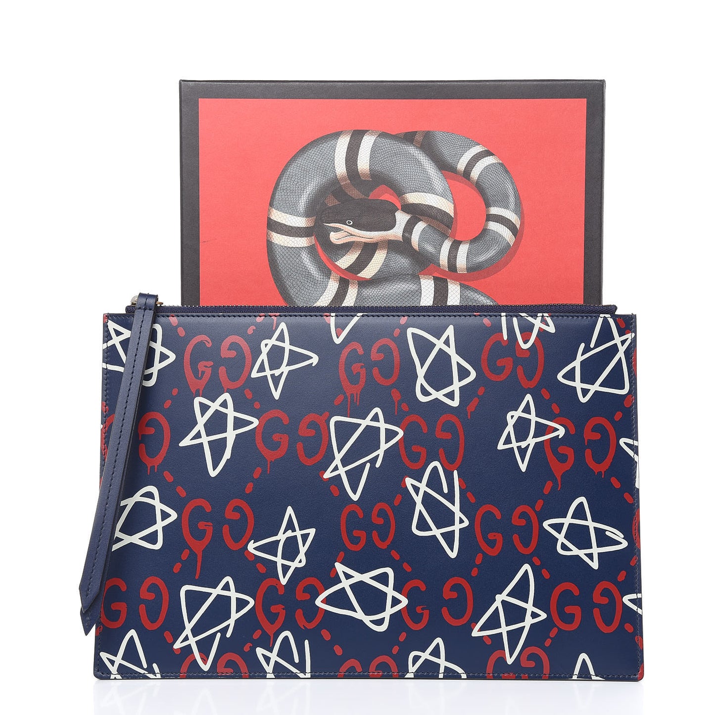 Calfskin GucciGhost Print Pouch Blue Agata Hibiscus Red