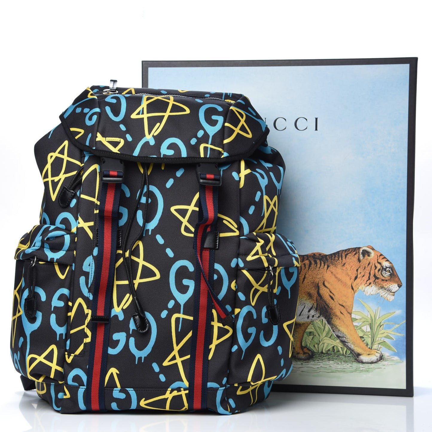 Techno Canvas GucciGhost Double Buckle Backpack Black New Acquamarine