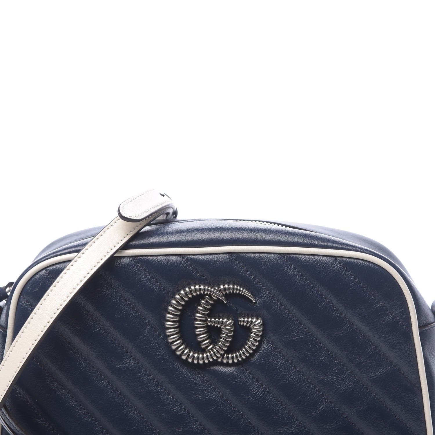 Gucci Vintage Effect Calfskin Matelasse Diagonal Small Torchon GG Marmont Chain Shoulder Bag Blue Agata Mystic White 10 of 10