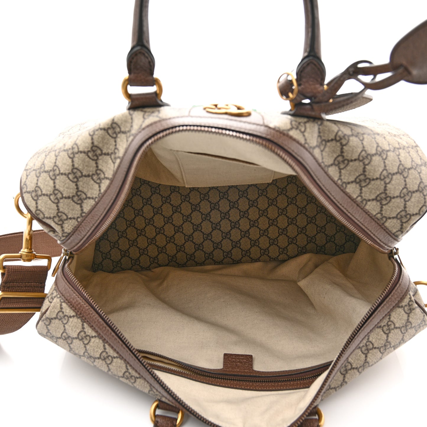GG Supreme Monogram Textured Dollar Calfskin Web Medium Ophidia Carry-On Duffle Bag Beige Ebony New Acero