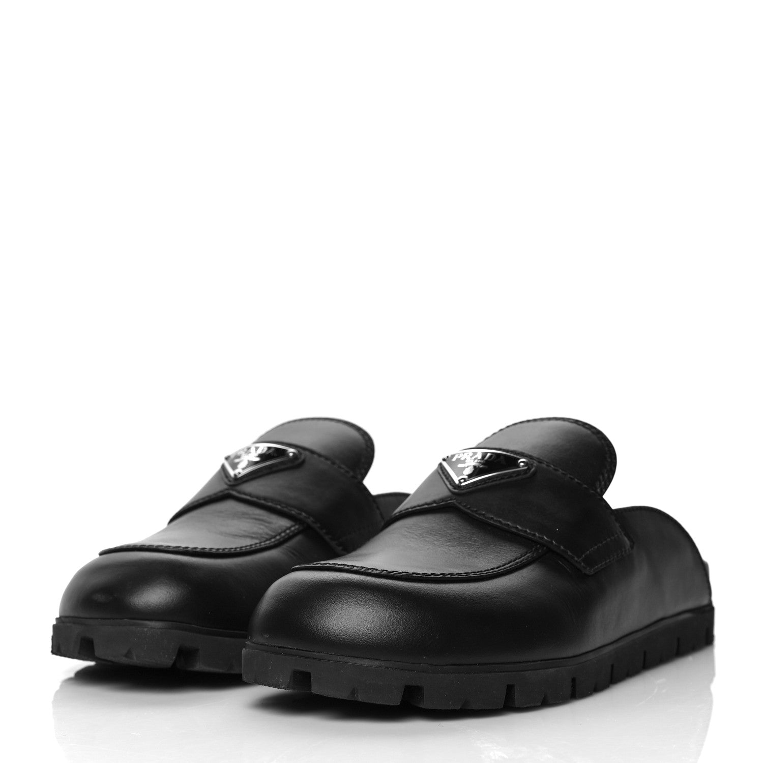 Prada City Calfskin Metal Triangle Logo 20mm Flat Mules 37 Black 3 of 8