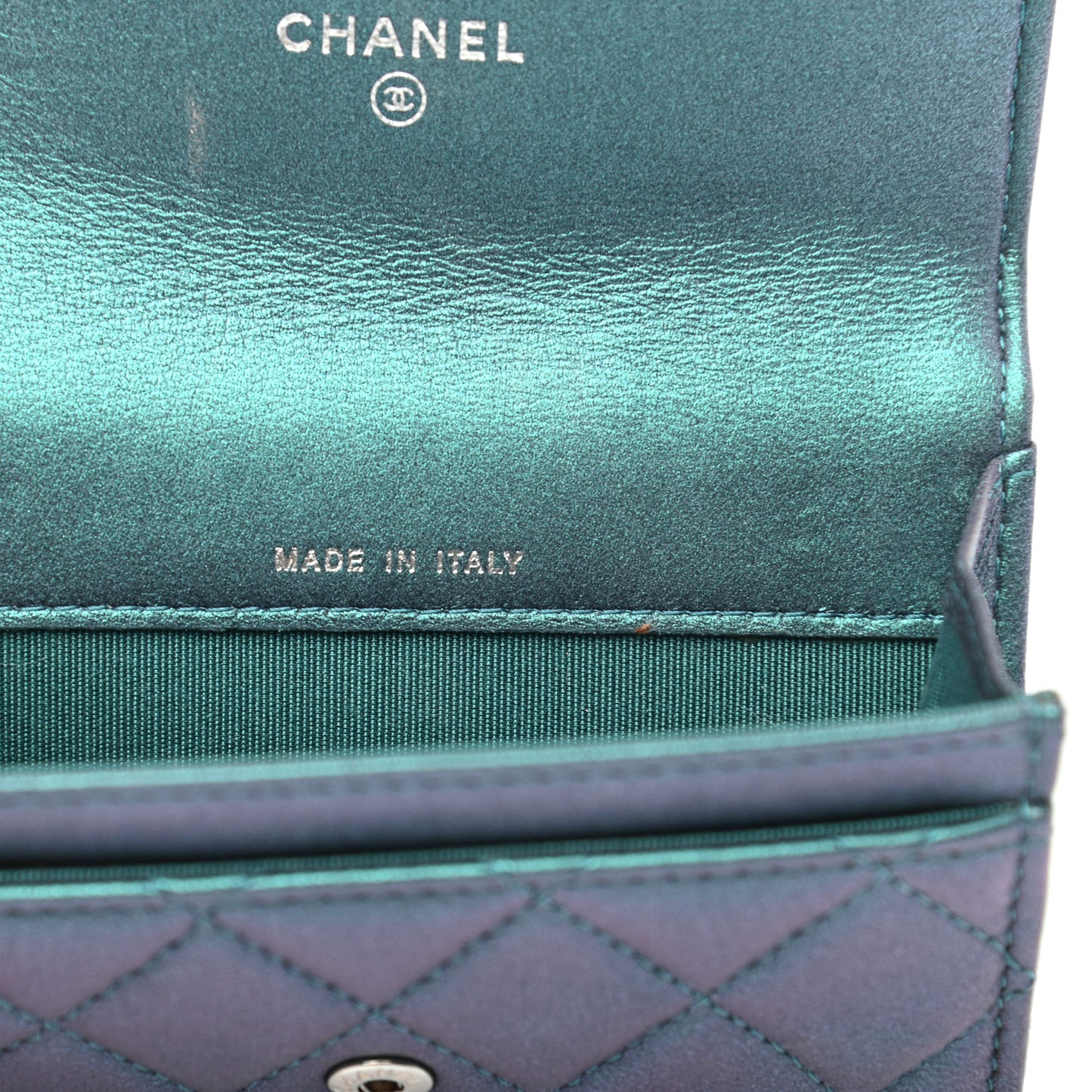 Iridescent Lambskin Quilted Flap Card Holder Turquoise