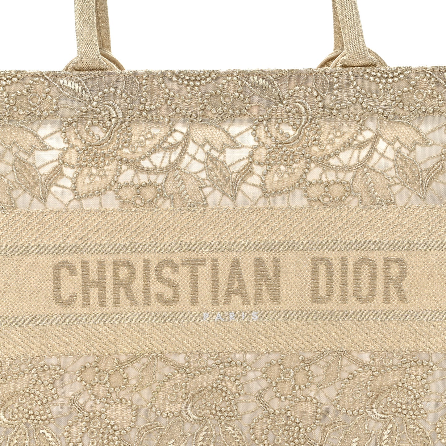 Transparent Metallic Embroidered Mesh Macrame Medium Book Tote Gold