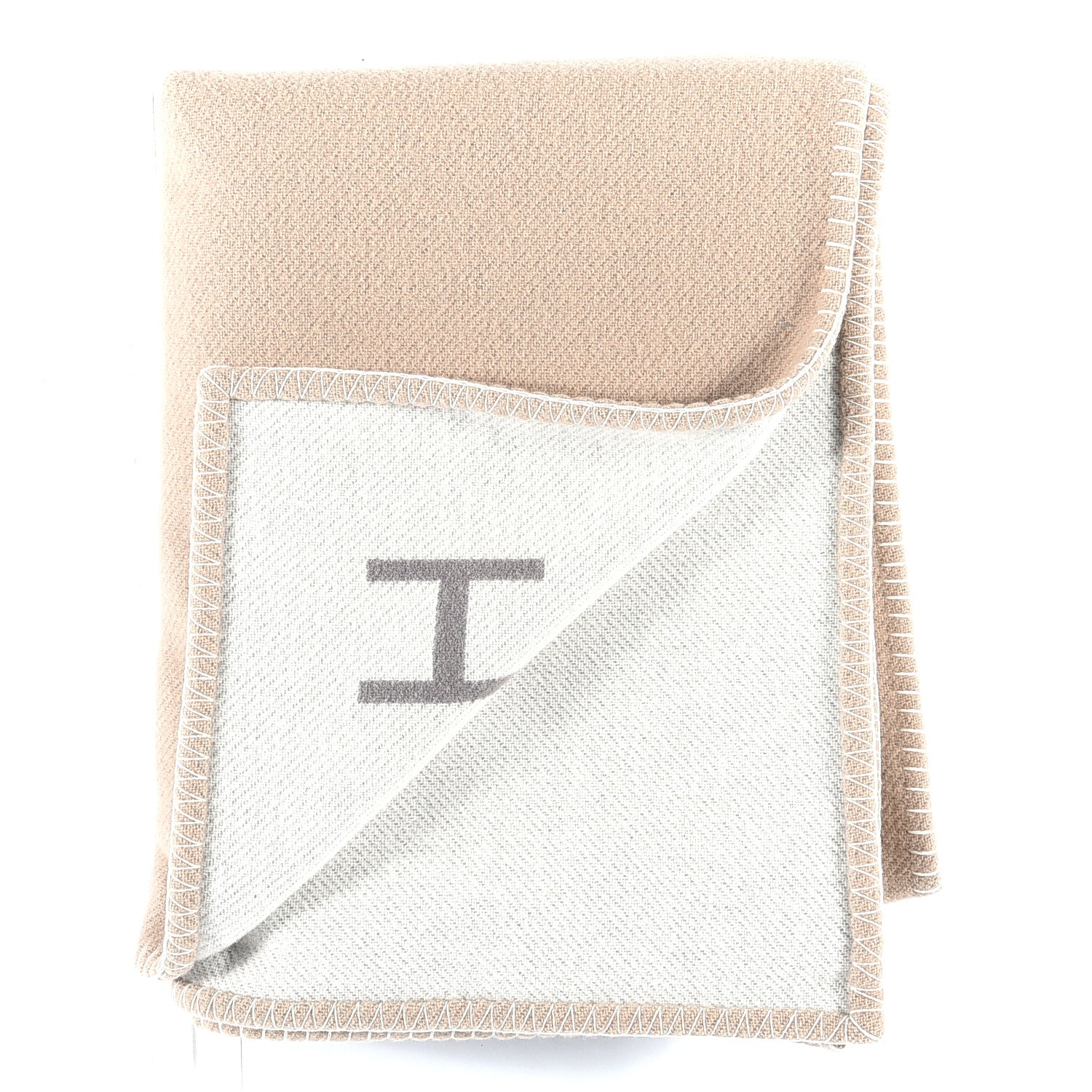 Hermes Wool Cashmere H Casaque Blanket Beige White 3 of 6