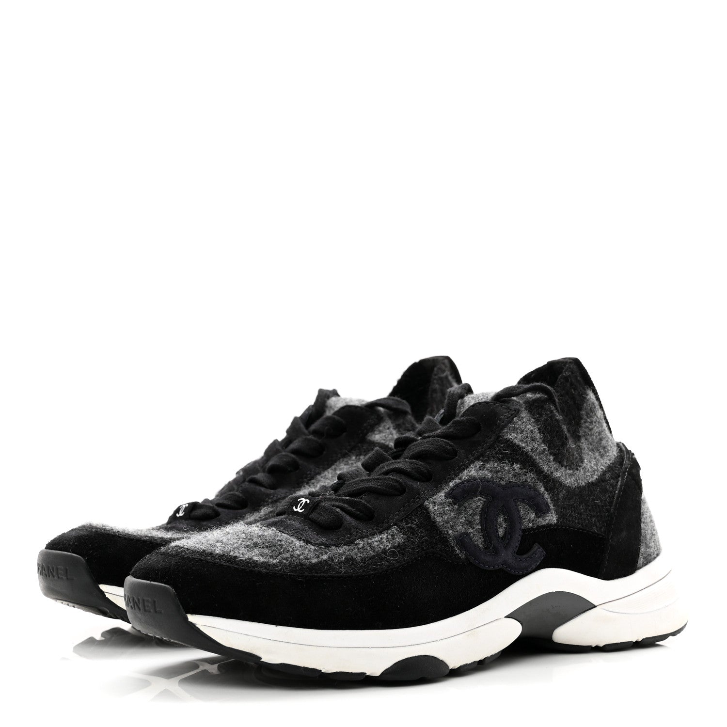 Chanel Fabric Suede Calfskin Womens CC Sneakers 38 Black Grey 3 of 6
