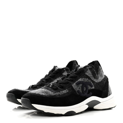 Chanel Fabric Suede Calfskin Womens CC Sneakers 38 Black Grey 3 of 6