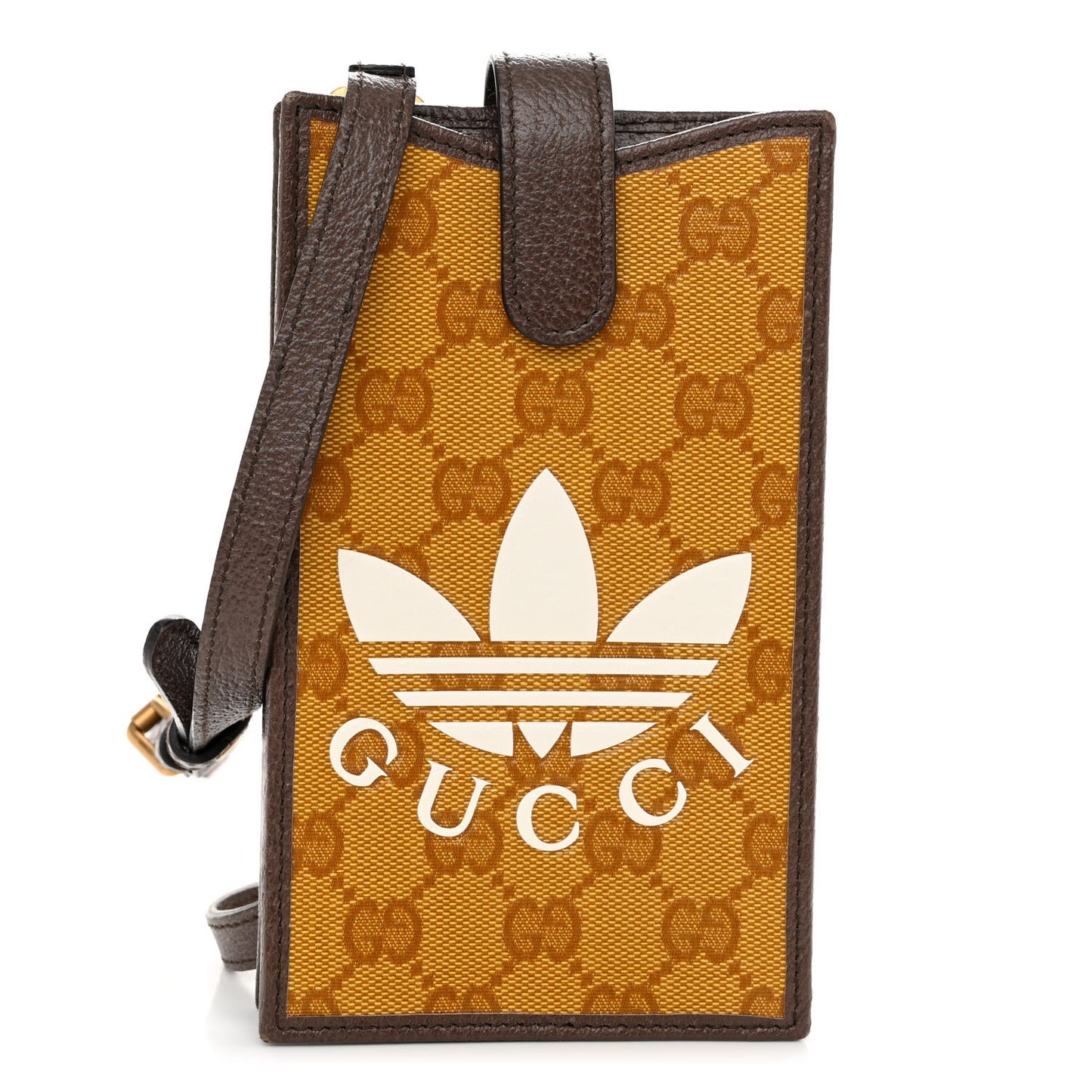 X ADIDAS Crystal Vintage Monogram Textured Dollar Calfskin Trefoil Logo Phone Crossbody Bag Mid Natural Nut Off White New Acero