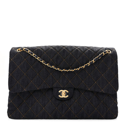 Chanel Denim Quilted XXL Travel Flap Bag Dark Blue Orange 1 of 10