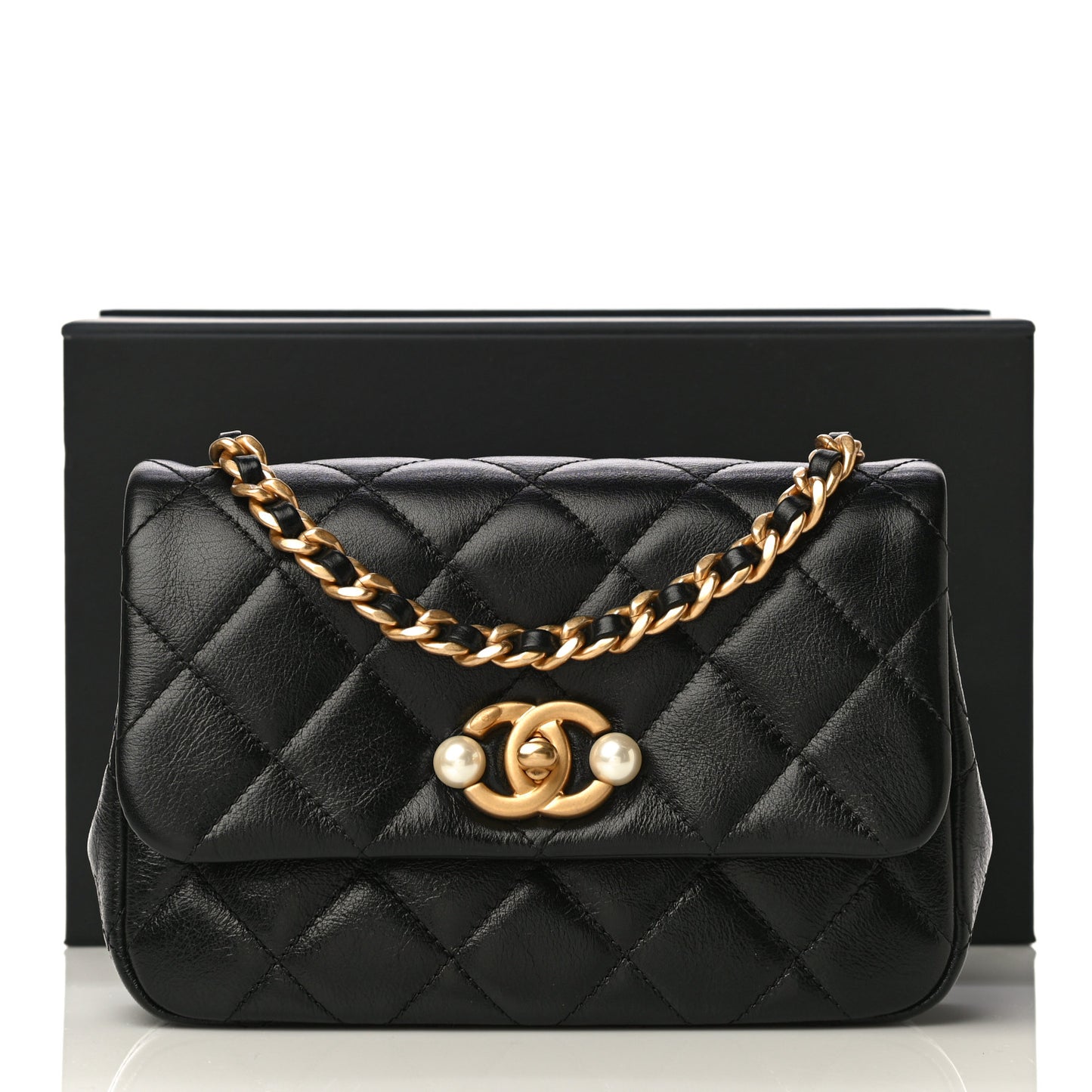 Calfskin Quilted Mini Pearl Flap Bag Black