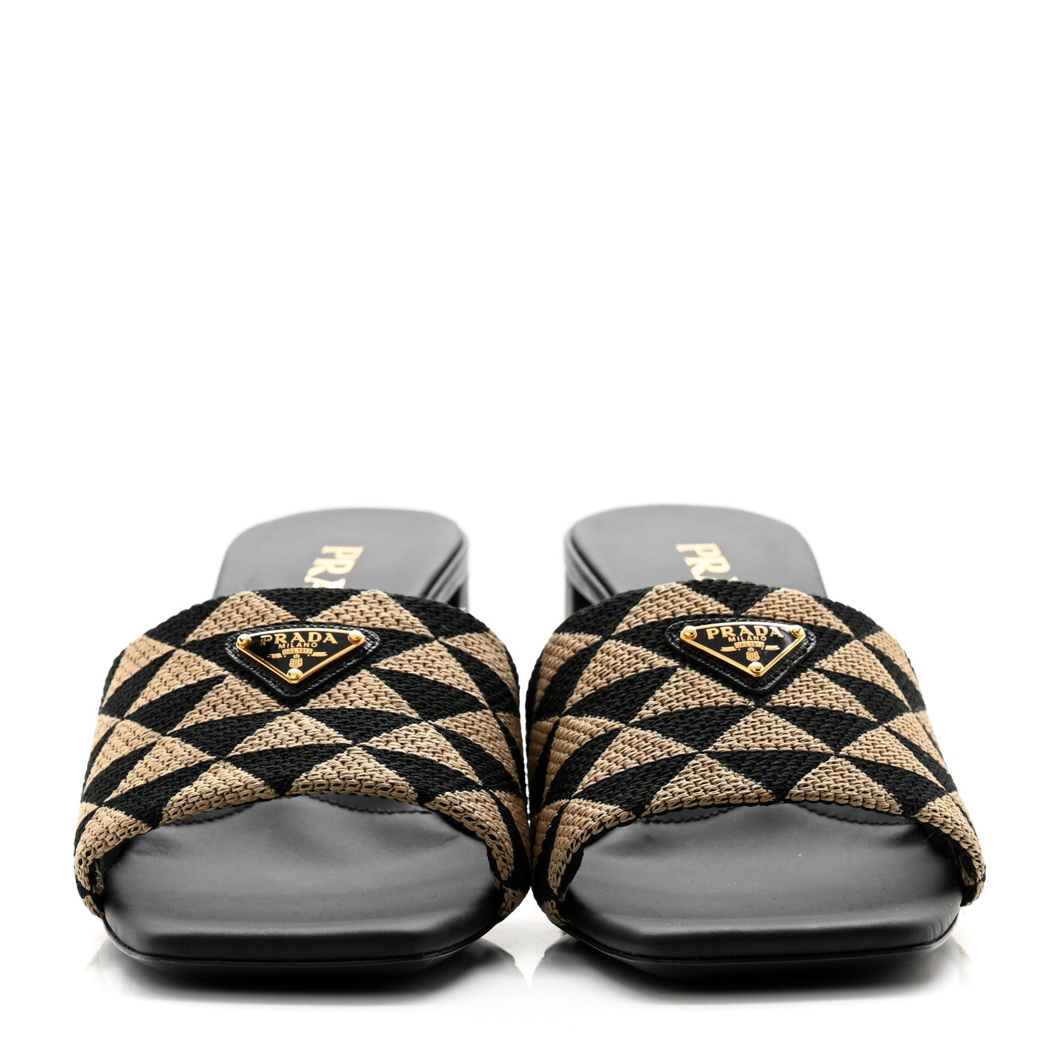 Prada Jacquard Trianglolo Symbole Embroidered Metal Triangle Logo 65mm Block Heel Slide Sandals 37 Black Beige 2 of 7