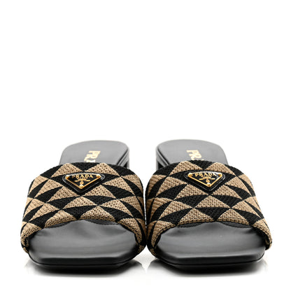 Prada Jacquard Trianglolo Symbole Embroidered Metal Triangle Logo 65mm Block Heel Slide Sandals 37 Black Beige 2 of 7
