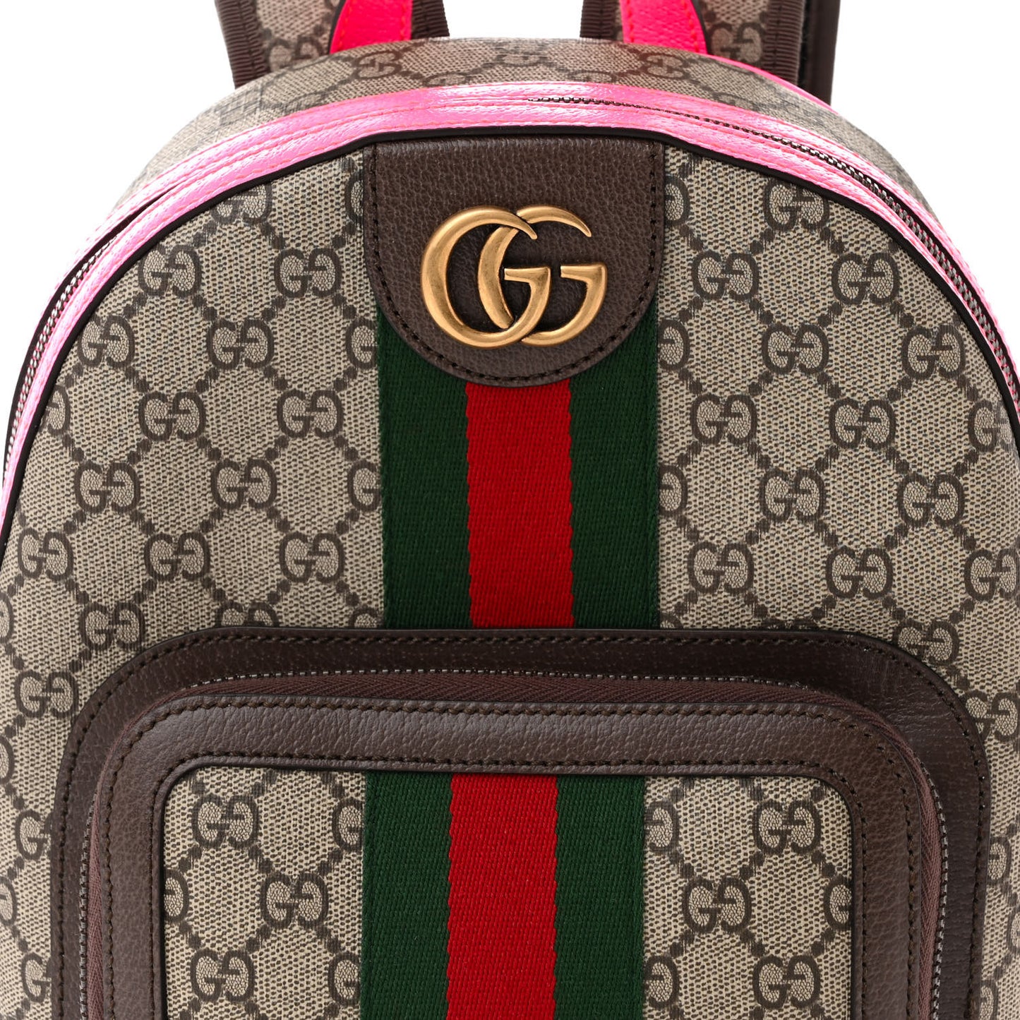 GG Supreme Monogram Textured Dollar Calfskin Web Small Ophidia Day Backpack Beige Ebony Fluorescent Fuchsia