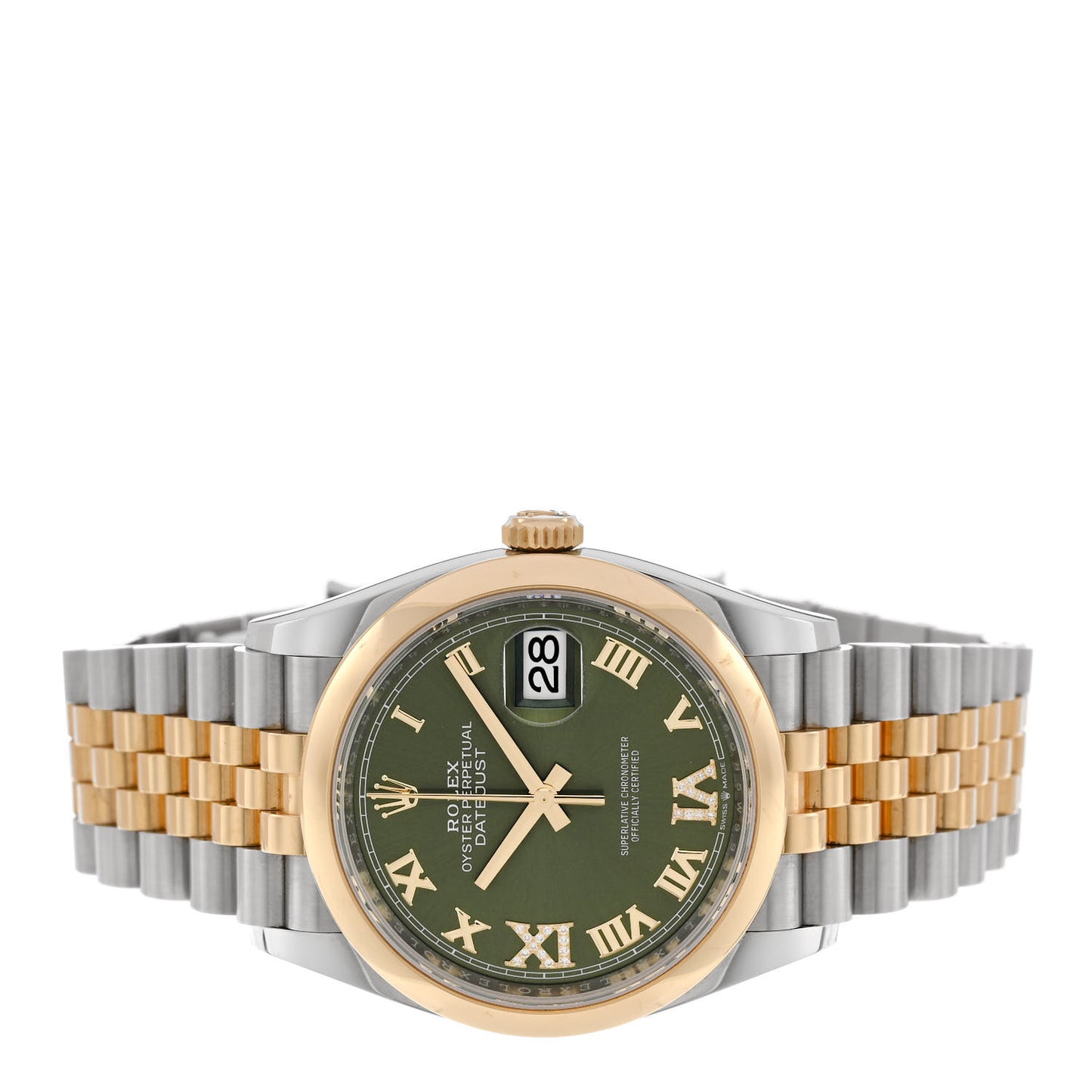 Stainless Steel 18K Yellow Gold Diamond 36mm Oyster Perpetual Datejust Watch Olive Green Roman 126203
