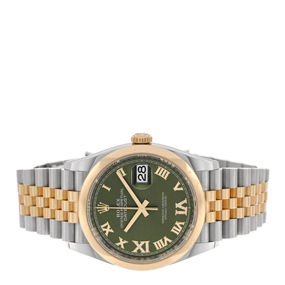 Rolex Stainless Steel 18K Yellow Gold Diamond 36mm Oyster Perpetual Datejust Watch Olive Green Roman 126203 2 of 5