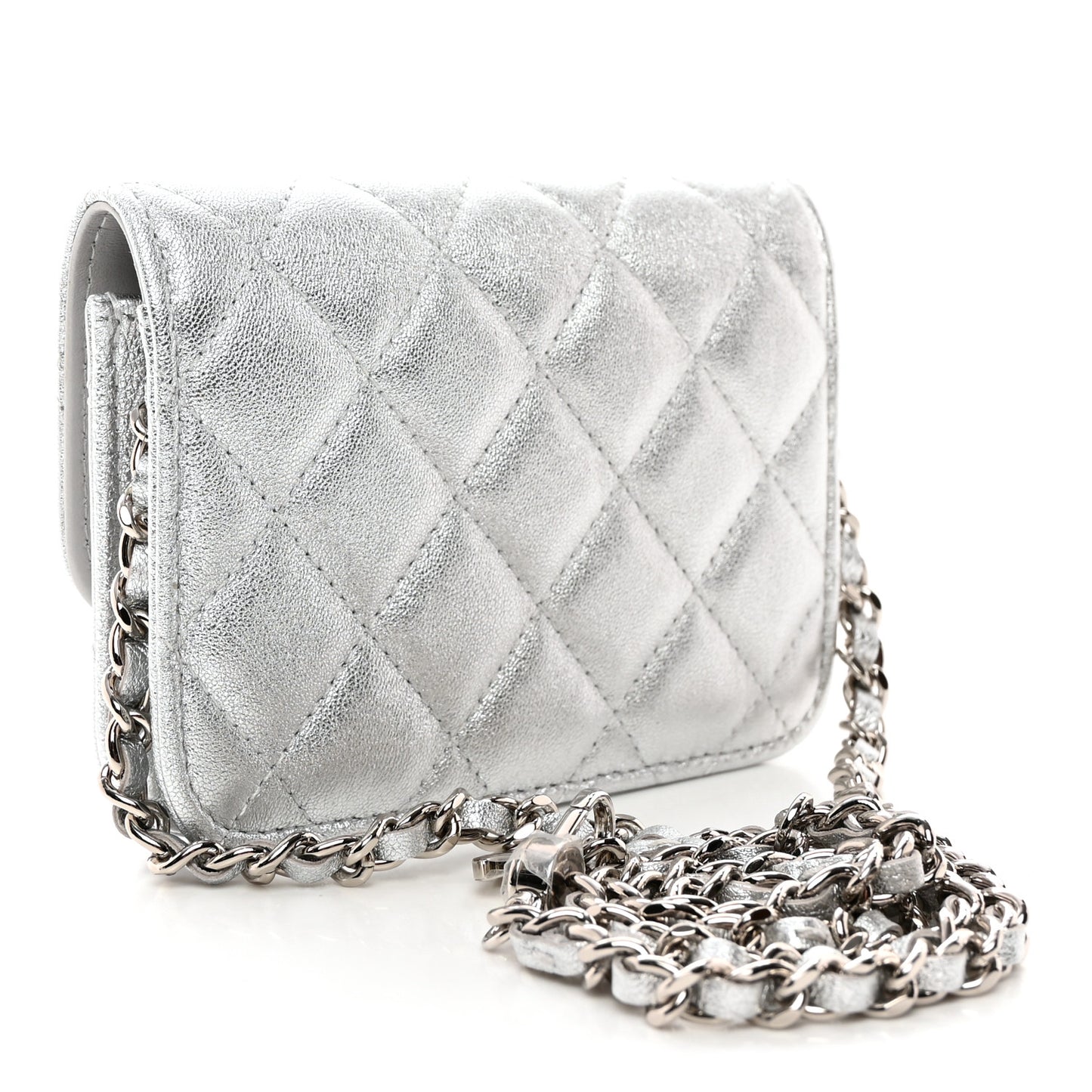 Metallic Goatskin Quilted Star Flap Waist Belt Bag Silver
