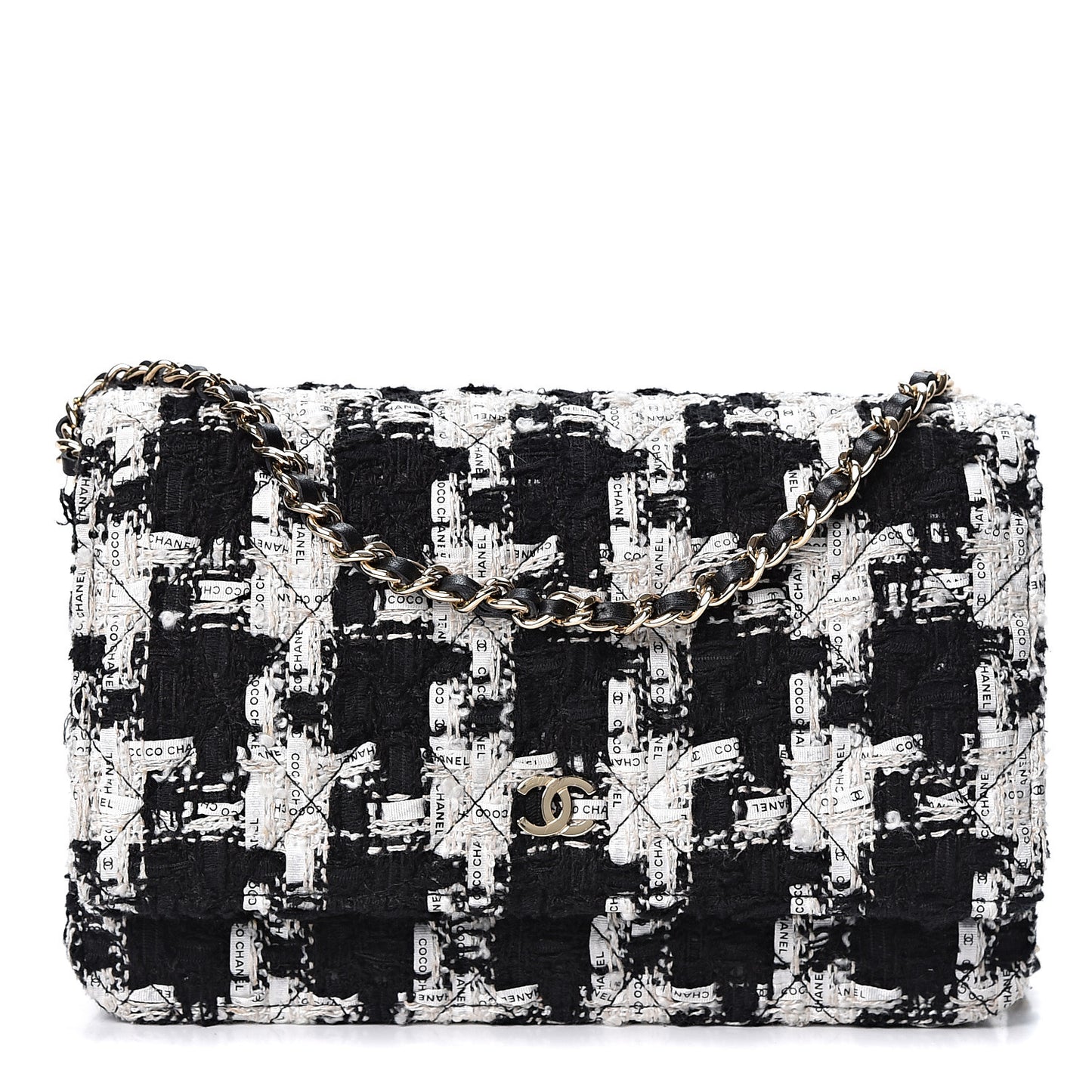 Tweed Quilted Wallet On Chain WOC Black Ecru White