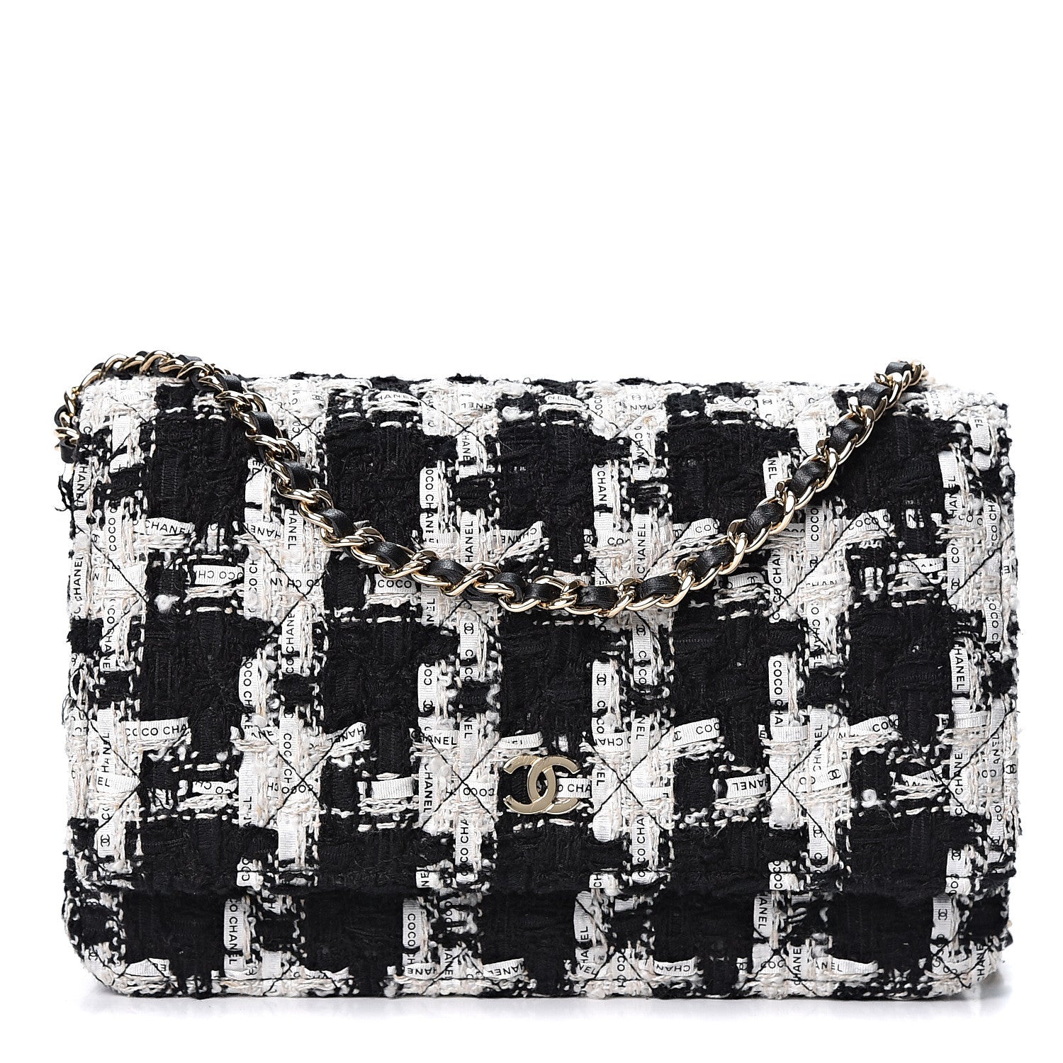 Chanel Tweed Quilted Wallet On Chain WOC Black Ecru White 1 of 10