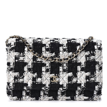Chanel Tweed Quilted Wallet On Chain WOC Black Ecru White 1 of 10