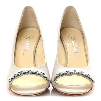 Chanel Lambskin Peep Toe CC Pumps 38 Grey 3 of 10