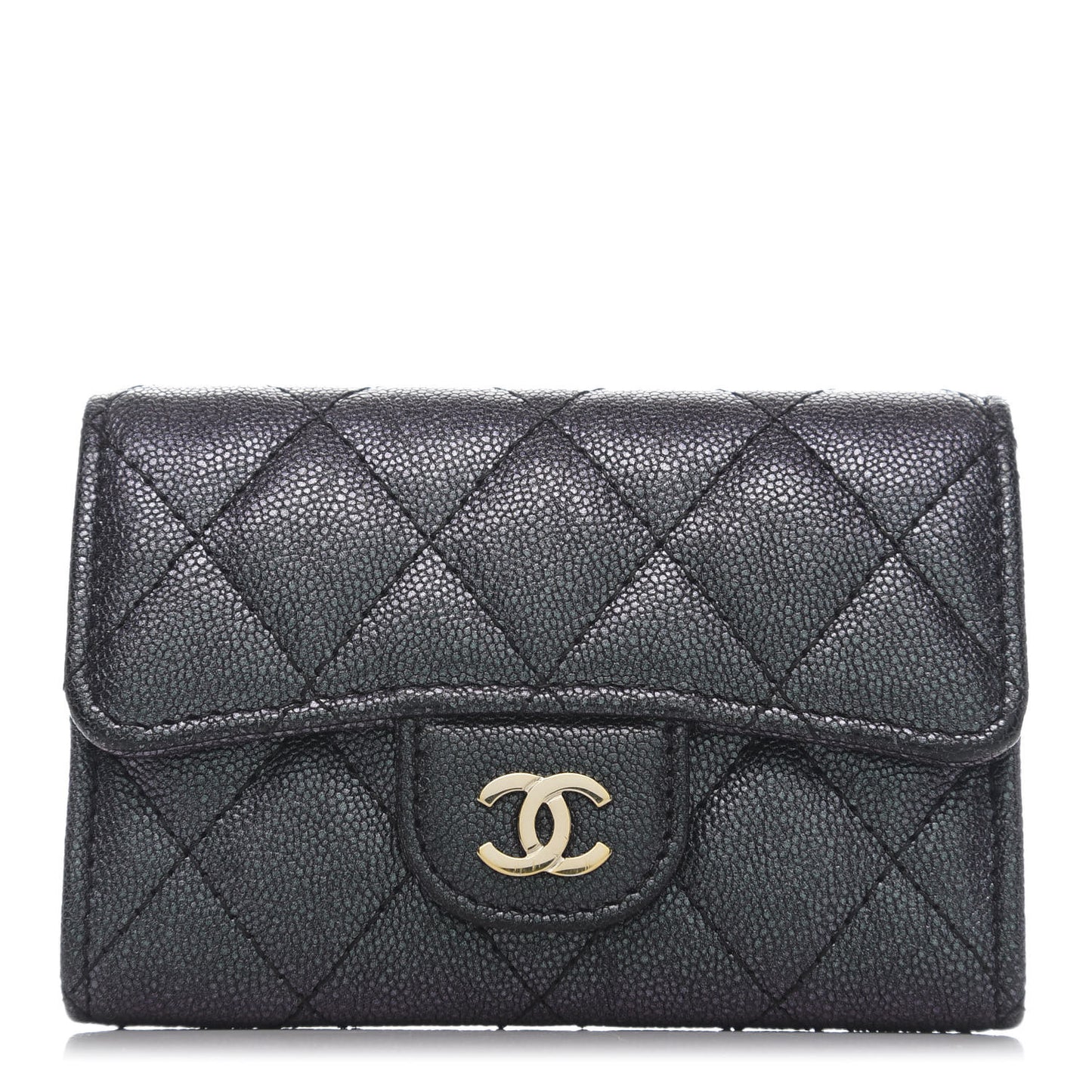 Iridescent Caviar Flap Quilted Card Holder Black