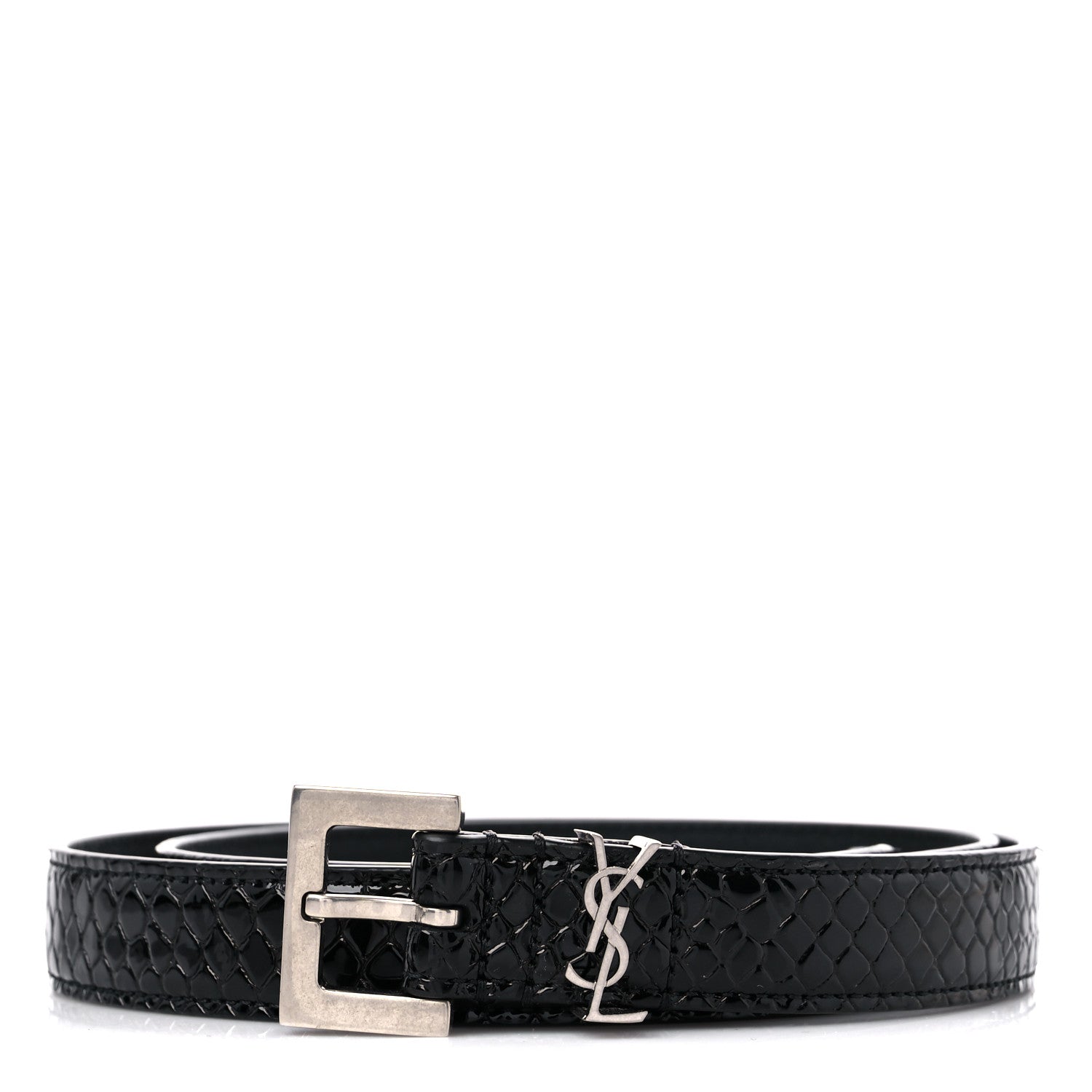 Saint Laurent Calfskin Crocodile Embossed Monogram Square Buckle Belt 80 32 Black 1 of 5
