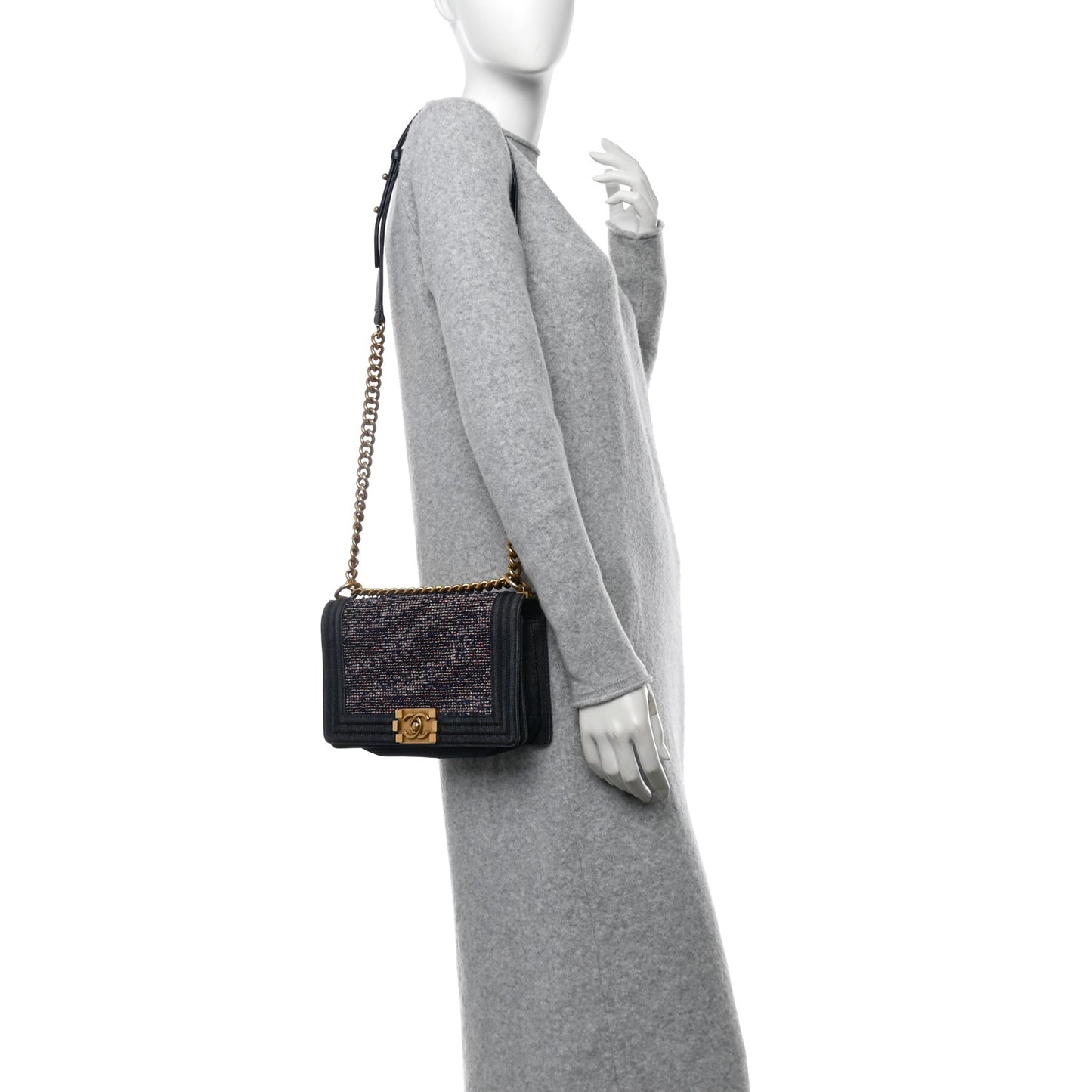 Tweed Denim Medium Boy Flap Navy Blue