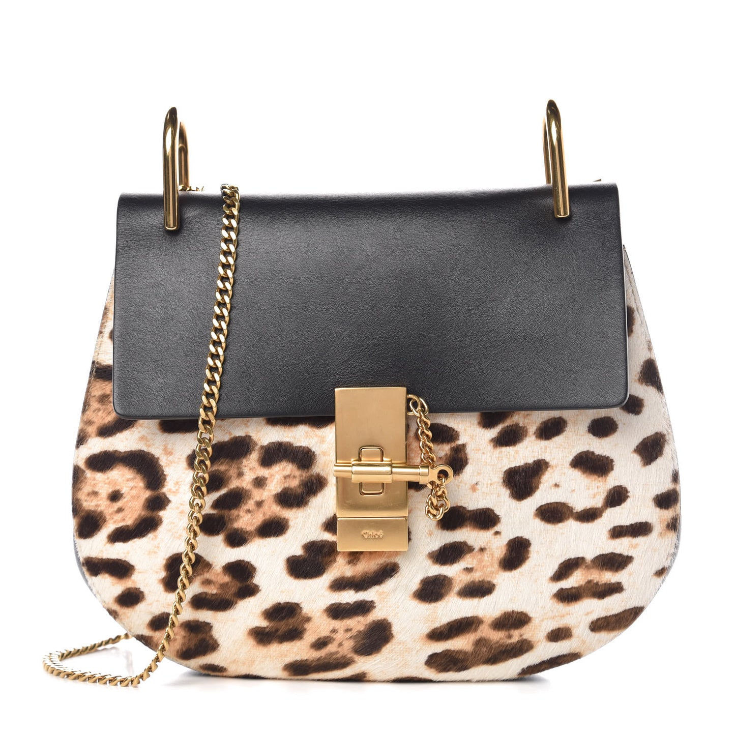 Calfskin Calf Hair Leopard Print Drew Shoulder Bag Black