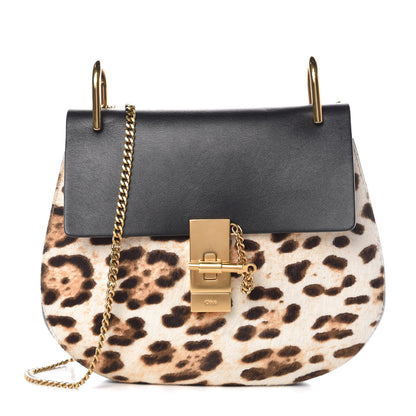 Chloe Calfskin Calf Hair Leopard Print Drew Shoulder Bag Black 1 of 9
