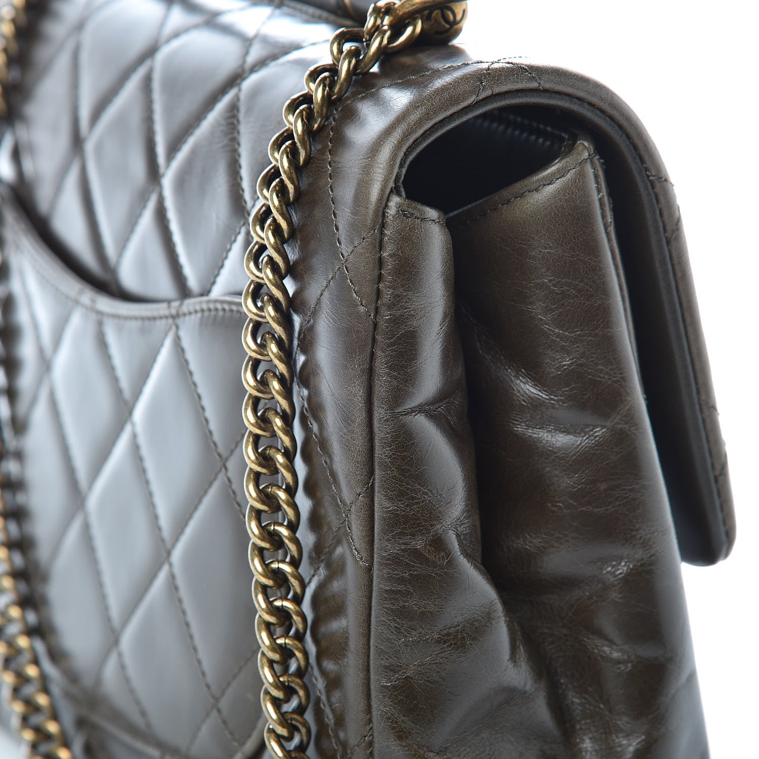 Chanel Calfskin Quilted Medium Gold Bar Top Handle Flap Dark Khaki 17 of 22