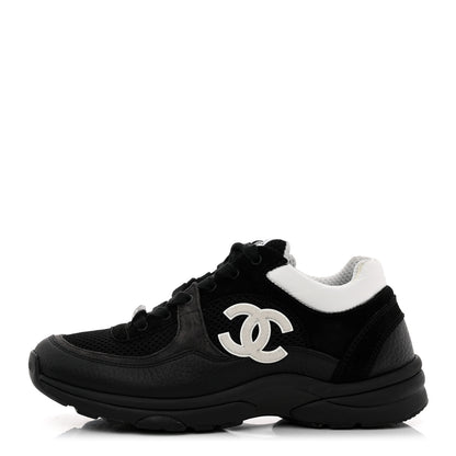 Chanel Mesh Suede Grained Calfskin Womens CC Sneakers 36.5 Black White 1 of 9