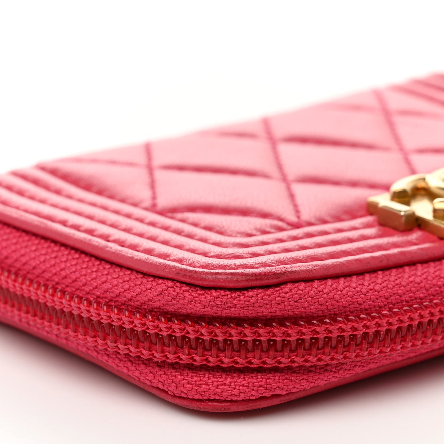 Lambskin Quilted Boy Zip Around Coin Purse Wallet Fuchsia