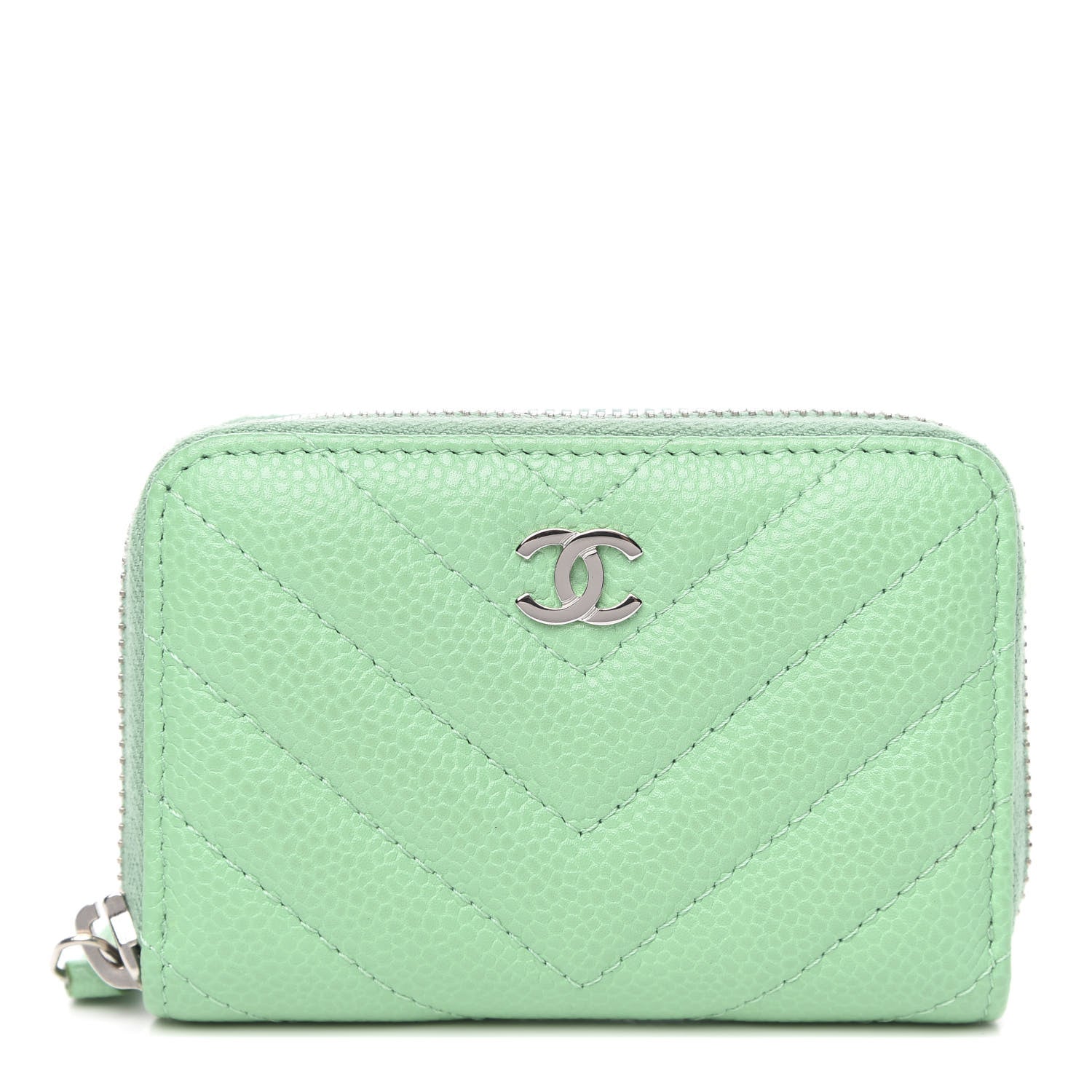 Chanel Caviar Chevron Quilted Zip Around Coin Purse Light Green 1 of 9