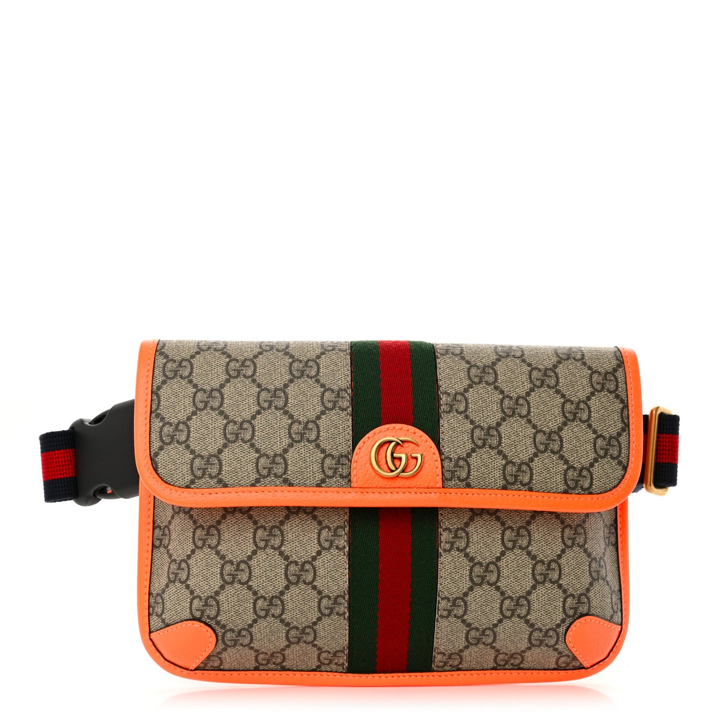 GG Supreme Monogram Web Small Ophidia Belt Bag Beige Ebony Orange Fluo